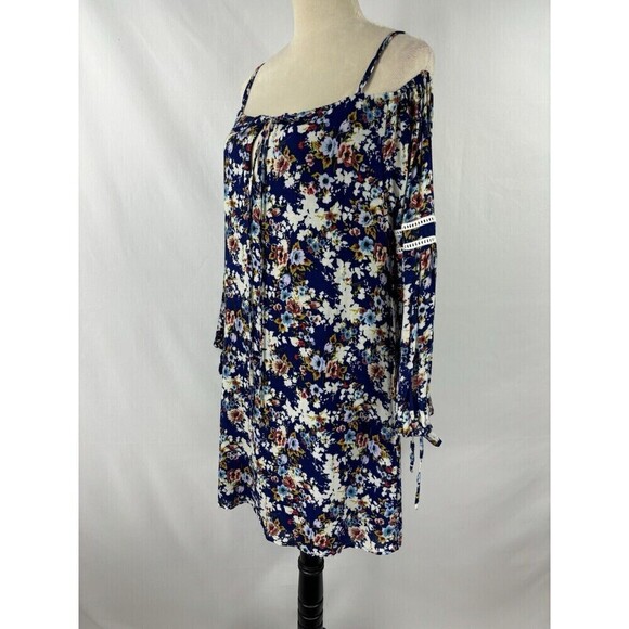 WAYF Off Shoulder Dress Blue Floral Medium Boho Cold Shoulder Boho - Picture 1 of 11